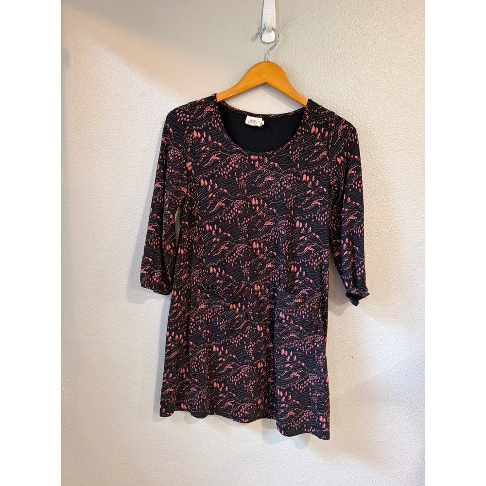 Mata Traders Dress Womens Sm Navy Pink Mountain Ski Print 3/4 Sleeve Pockets